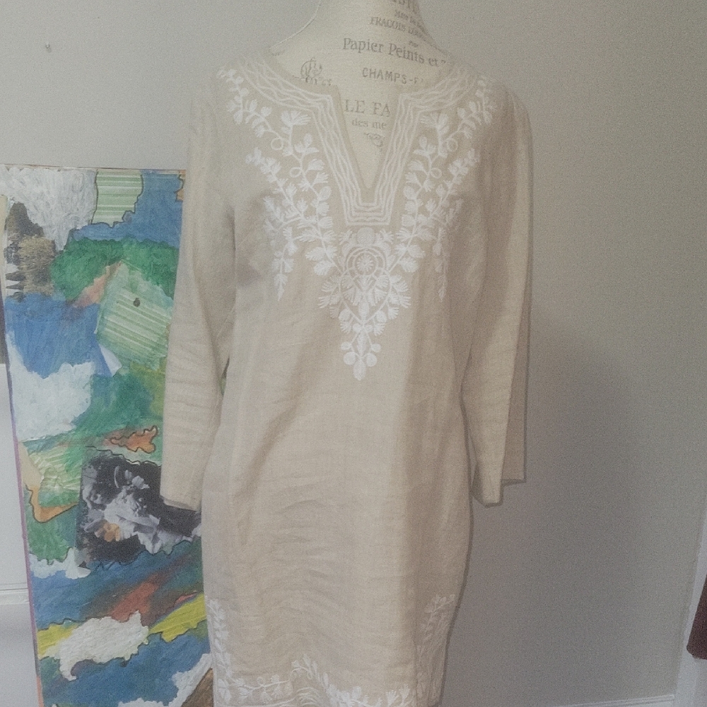 Michael Kors Cream Embroidered Long-Sleeve Tunic Dress